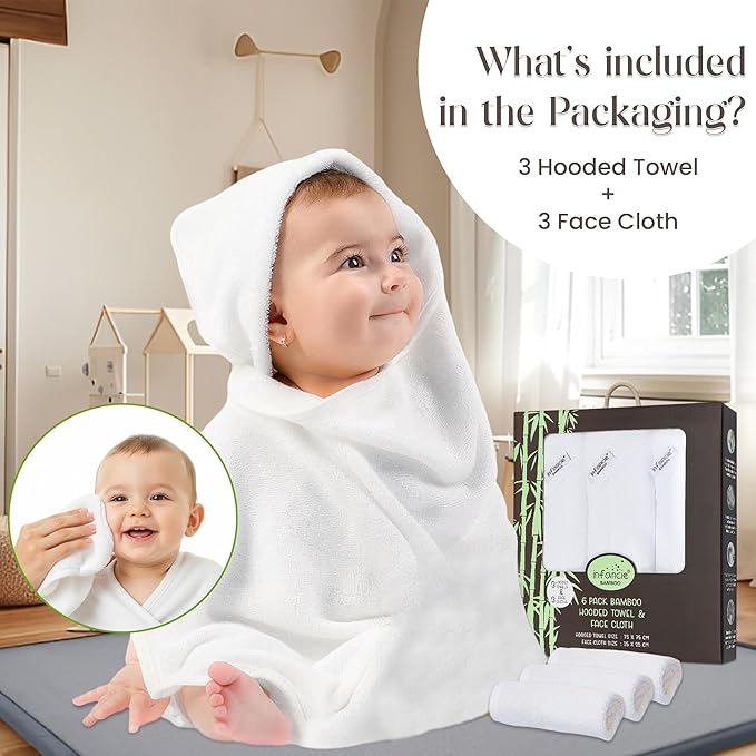 Bamboo Hooded Baby Towel with Face Cloth – 3 Hooded Towels (29x29 inches) & 3 Washcloths (9x9 inches) – Ultra Soft, Absorbent & Cozy Bath Set for Newborns and Infants