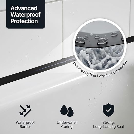 Jet Black Kitchen & Bathroom Sealant & Adhesive Hybrid Polymer | Superior to Silicone Caulk Sealant | Waterproof, Odorless, Paintable | Ideal for Around Bathtub, Shower, Kitchen - 300ml 3 Pack