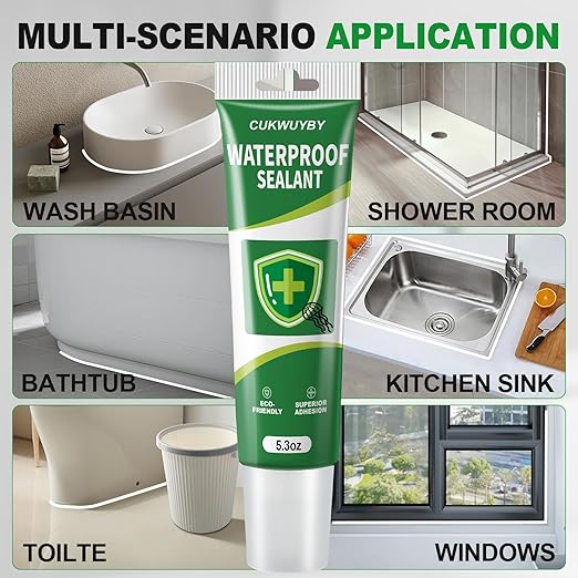 1 Pack Silicone Caulk 5.2 Oz Squeeze Tube Waterproof Silicone Sealant for Kitchen Bathroom Stronger Adhesion White Caulk for Window Toilet Sink Door Caulking Sealant with Tape and Scraper