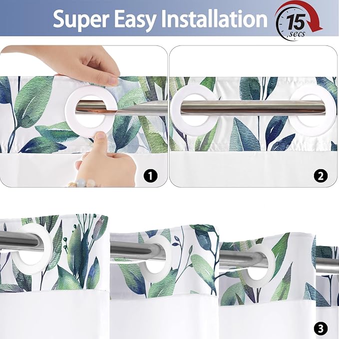 No Hook Shower Curtain and Liner Set, Green Eucalyptus Floral Shower Curtains for Bathroom, Bath Curtain Sets with Snap in Liner, Waterproof with See Through Top Window, 71x84 Inches