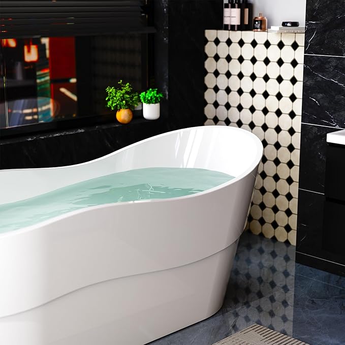 Empava Bathtub, 67" Soaking Tub, Acrylic Free Standing Tub with End Drain and Overflow, Contemporary Design Bathtub for Bathroom, cUPC Certified, Glossy White