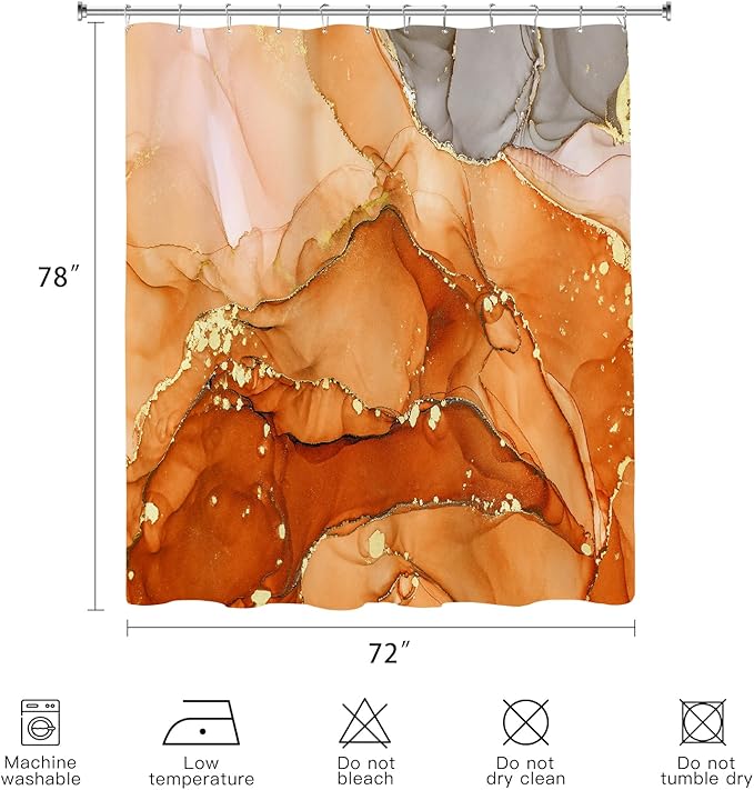 Long Shower Curtain 72 x 78 Inch, Tall Abstract Marble Shower Curtains for Bathroom Decor, Modern Luxury Art Decor Ink Texture Fabric Shower Curtain Set with Hooks, Orange
