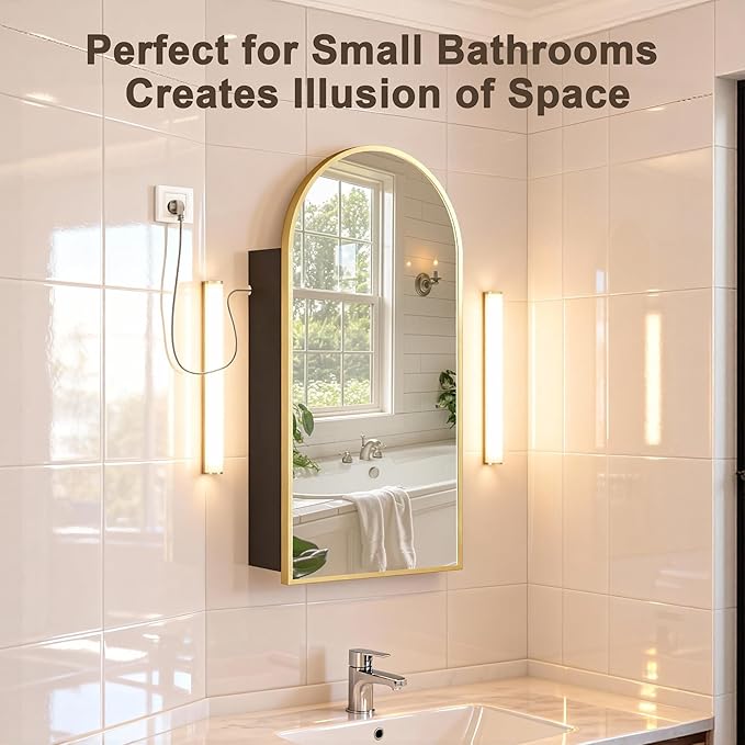 FKWin Arched Bathroom Medicine Cabinet with Mirror and Power Outlet, Gold Wall Mounted Mirror Medicine Cabinet for Left or Right Opening, not Recessed, Vanity Bathroom Mirrors, Gold, 16x32 inch