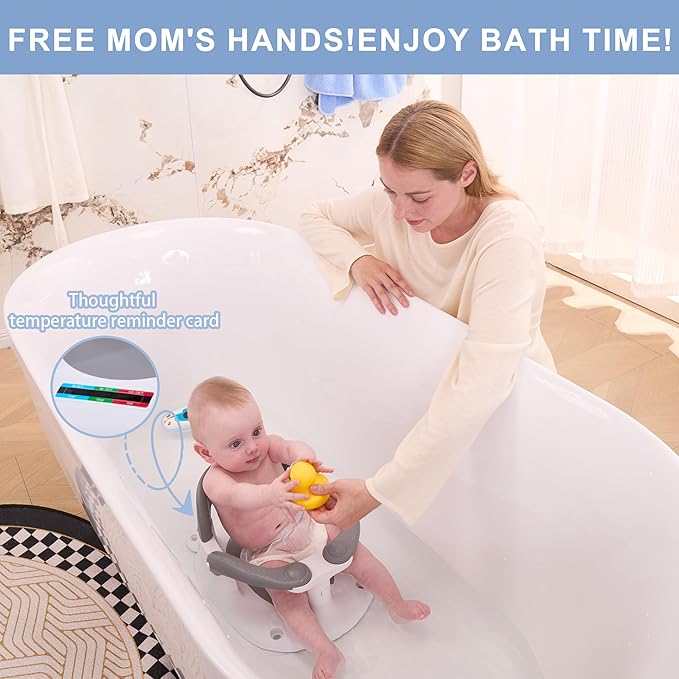 Baby Bath seat for Babies 6 Months & up, 360° Stable Toddler Bath Chair with one-Touch Button, Back Hollow Design, Water Temperature Card & 4 Suction Cups for Safety (Blue)
