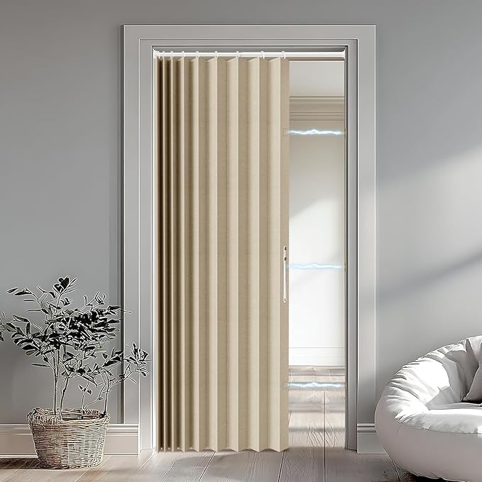 Accordion Door Curtain Set - 100% Blackout, with Curtain Rod Included, for Bedroom Privacy Protection (Beige-43 W x 78" L+Rod)