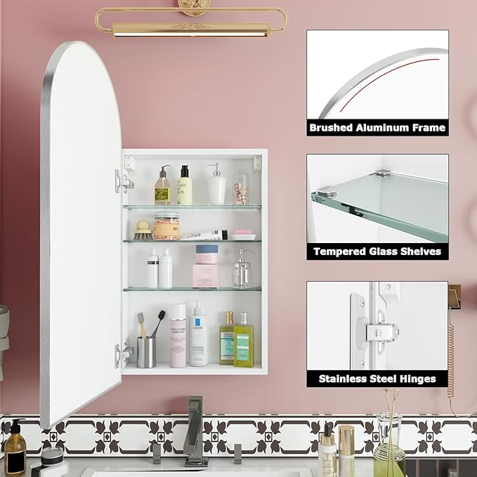 FKWin Arched Medicine Cabinets with Mirror, Bathroom Mirror with Storage, Aluminum Alloy Bathroom Cabinet, Modern Bathroom Wall Cabinet with 3 Adjustable Shelves, Not Recessed, 29.5"x15.7",Silver