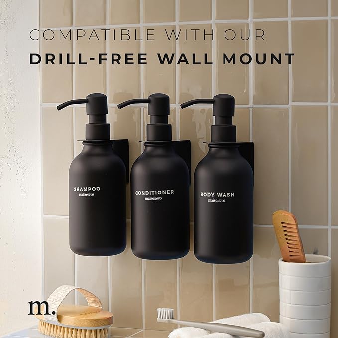 MaisoNovo Refillable Shampoo and Conditioner Bottles | 16.9 fl oz Set of 3 Black Plastic Bottles Black Pumps