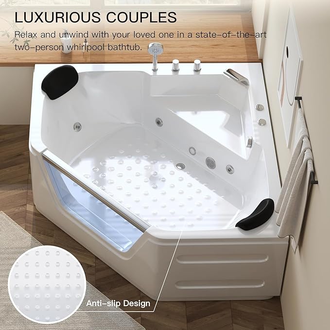 59'' x 59'' Corner Whirlpool Tub- Plastic Acrylic Bathtub with Light,Home Spa Hydromassage with Chromatherapy,Hydro Massage for 2 Person White, ETL Certified