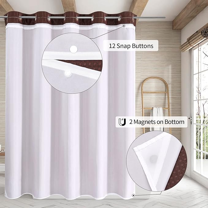 MitoVilla No Hooks Required Extra Long Shower Curtain Liner Set, 86 inch XL Brown Waffle Heavyweight Fabric Cloth Shower Curtains Set with Snap-in Liner for Modern Luxury Hotel & Spa Bathroom Decor