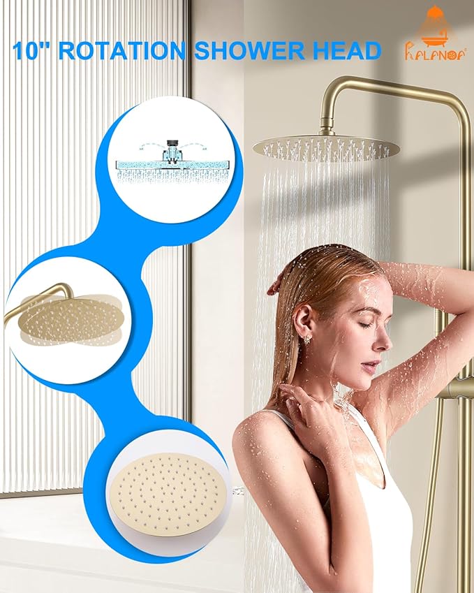 Outdoor Shower Fixture,3 Functions Handle Tub Rainfall Shower Faucet Sets with Dial Thermometer Brass Valve, Exposed Shower System with 10'' Rainfall Shower Head Adjustable (Brushed Gold)