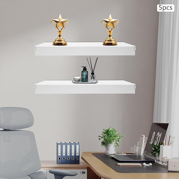 33 Inch Floating Shelves for Wall, 16 Inch Deep Hanging Shelf, Large Display & Storage Shelf for Bathroom, Bedroom, Living Room, Set of 5 (White, 33 Inch)