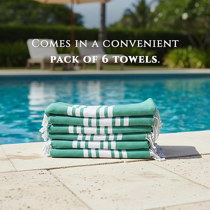 Turkish Cotton Beach Towel Pack of 6 & 1 Boho Tote Bag - Hammam Towels - No Shrink - Quick Dry - Lightweight - Sand Free - Camping - Pool - Tanning - Beach Essentials - Green (40"x70")