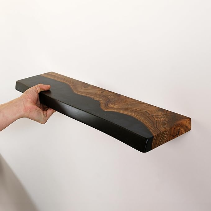 RWA Live Edge Floating Shelf – Unique Wood Floating Shelf for Wall Decor, Living Room, Bedroom, or Bathroom – Stylish Decorative Wall Shelves for Home & Office (Live Edge, Black - 24x7)