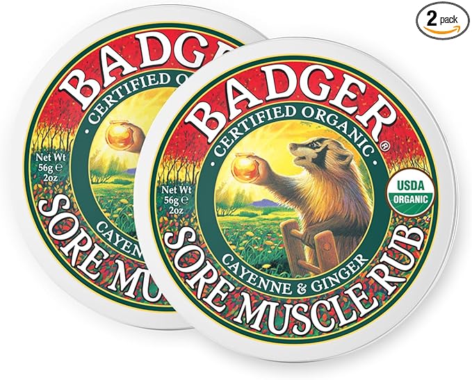Badger Sore Muscle Rub, 100% Organic Sore Muscle Cream, Cayenne & Ginger Warming Sore Muscle Relief, Recovery & Relaxation, Long Lasting, Great Smelling, 2 oz Tin, 2-Pack