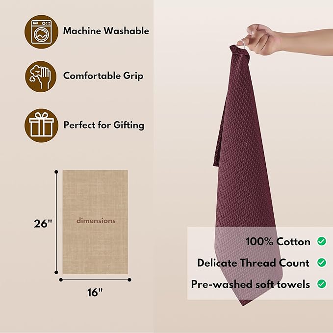 Native Fab Cotton Kitchen Towel with Hanging Loop 16x26 inches, 6-Pack, Waffle Weave Kitchen Towels for Cleaning Drying, Washcloths Soft & Absorbent Cloth Rags, Bar Towel, Dish Cloth, Burgundy Wine