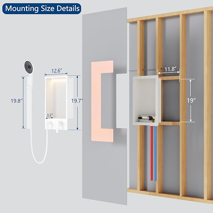 Shower Niche with Round Hand Shower, Sliding Bar and LED Light in Matte White/Vertical