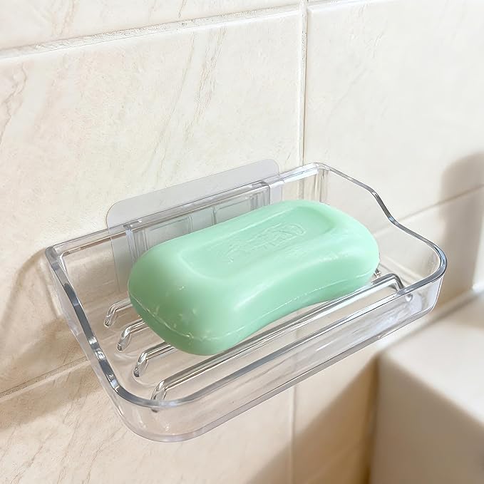Soap Bar Holder for Shower Wall Mounted, Soap Dish Container Saver Strong Adhesive No Drilling for Bathroom Kitchen Sink, Clear