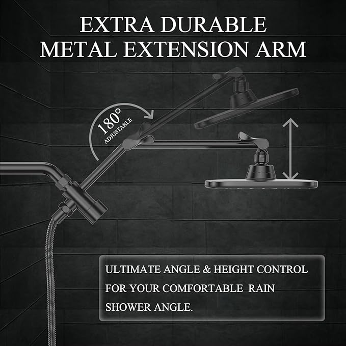 Veken 11.8" Rain Shower Head with Handheld, High Pressure Handheld Shower Heads with Multi Spray Modes, Rainfall Combo with 15" Metal Extension Arm,Detachable Dual Shower, Long 6 ft. Hose,Matte Black