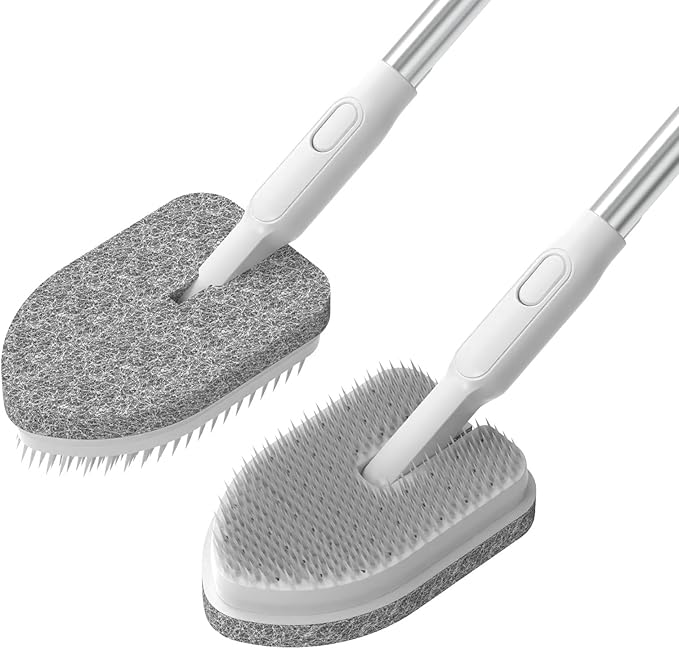 Tub Scrubber Cleaning Brush, Non-Scratch Shower Scrubber with Long Handle, 6 Replaceable Natural Fiber Pads & A Double-Sided Head, Scrub Brush for Cleaning Bathroom Kitchen Wall Sink