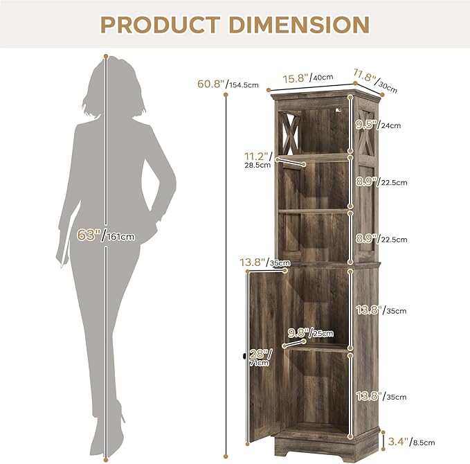 Narrow Bathroom Storage Cabinet with Door and Open Adjustable Shelves, 60.9" H Wooden Tall Tower Corner Farmhouse Cabinet, Freestanding Organizer for Kitchen, Entryway Grey
