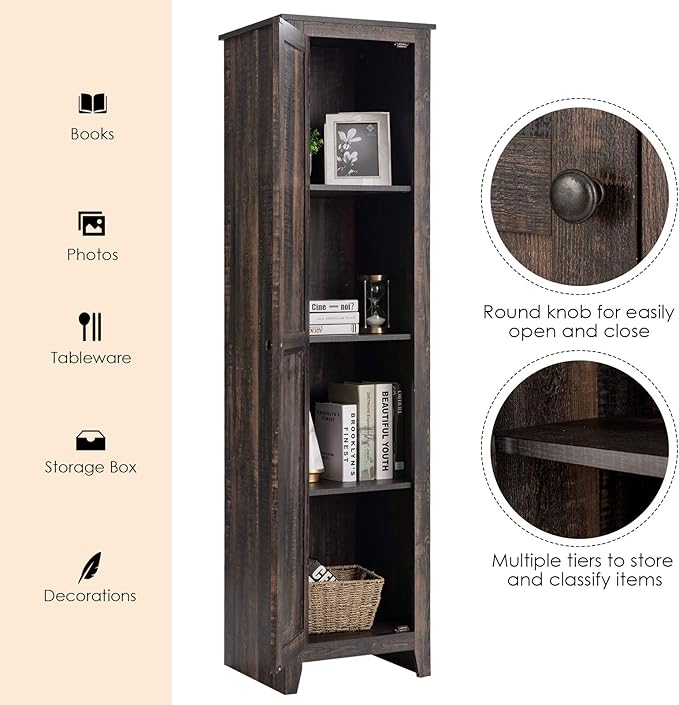 Giantex Tall Storage Cabinet Free Standing Floor Storage Tower with Four Shelves and Single Door, Narrow Cabinet for Bedroom, Living Room, Bathroom 17x16x72 Inch Utility Storage Cabinet (Coffee)