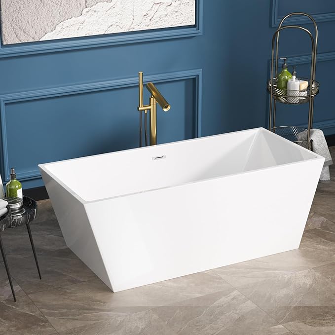Sarlai 67 Inch Acrylic Freestanding Soaking Bathtub Contemporary Soaking White Tub Stand Alone Ergonomic Bathtub with Chrome Overflow and Drain