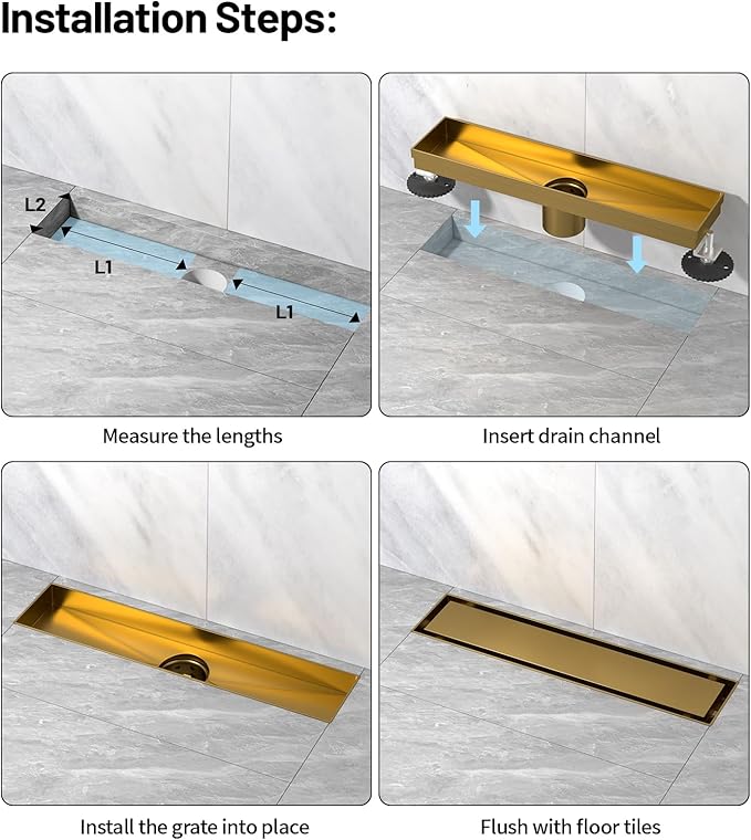 Linear Shower Drain, 304 Stainless Steel with Adjustable Leveling Feet, Hair Strainer,Reversely Install Place to Create an Invisible Floor Drain - Gold -12-Inch