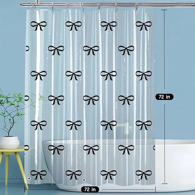 Clear Cute Black Bow Shower Curtain Liner, Plastic Transparent Girly Fancy Shower Curtain, Aesthetic Preppy Shower Curtain Bow Bathroom Decor for Women, 72x72 Shower Curtain Set with Magnets 12 Hooks