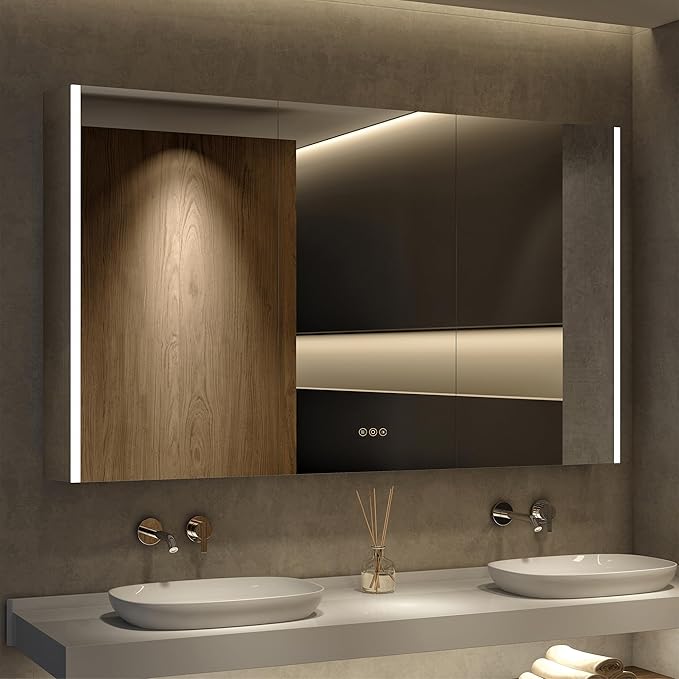 Medicine Cabinet with LED Lights and Mirror, 60 x 32 Inch Surface or Recessed Mounted Bathroom Cabinets with Door, Defogger, Memory Function, 3-Color Mode, Outlet&USB, Dimmer, Storage Shelf