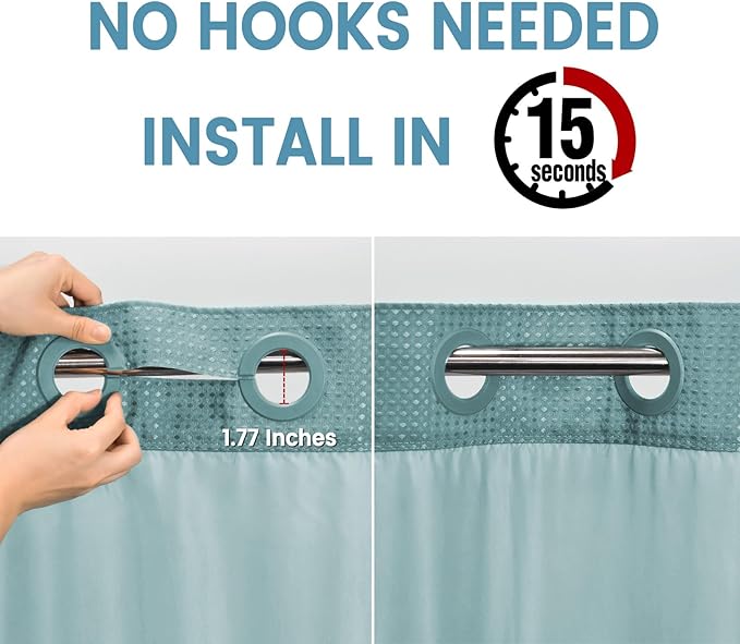 Teal Stall No Hook Shower Curtain with Snap in Liner,230GSM Waffle Weave Shower Curtains for Bathroom,54W x 80H
