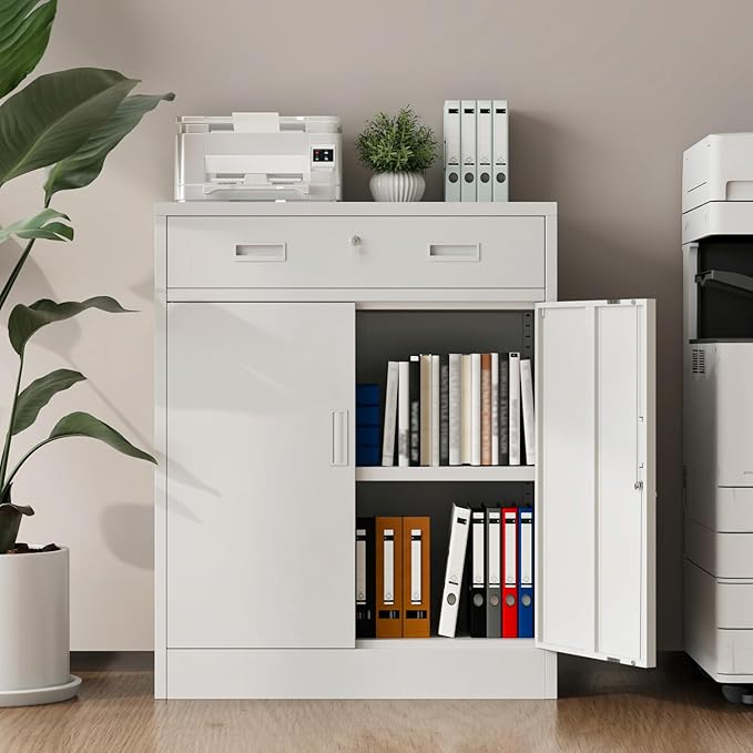 Metal Storage Cabinet with Drawer, 36" H White Locking Metal Cabinet, Adjustable Shelf File Cabinet Cabinet with Doors for Home Office, Garage, Warehouse, Laundry Room, Basement