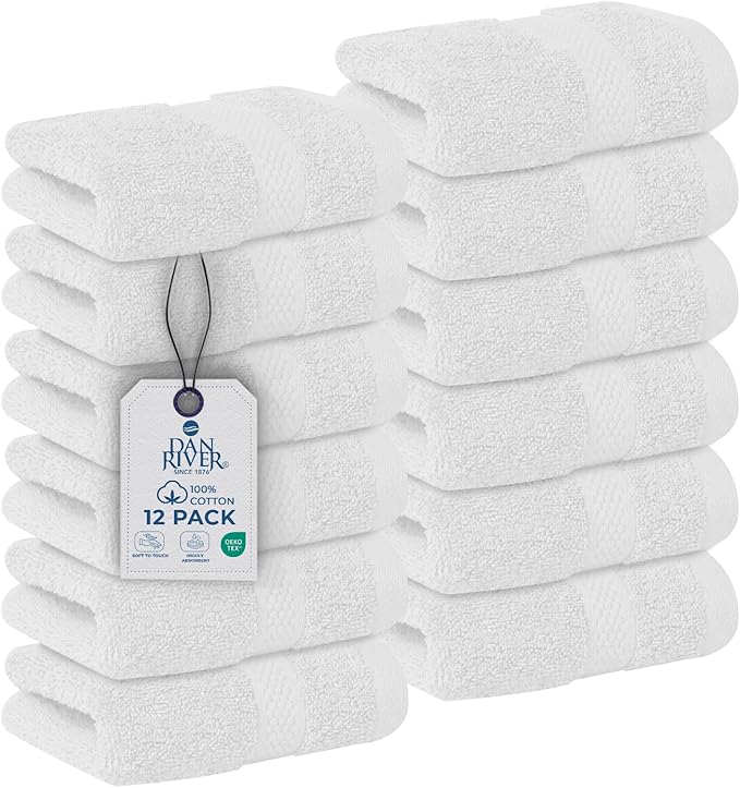 DAN RIVER 12-Pack Premium 100% Cotton White Face Towels – Reusable Face Towel Set, Soft & Absorbent Wash Cloths for Bathroom & Body – Hand and Face Towels, 550 GSM (12x12 in)