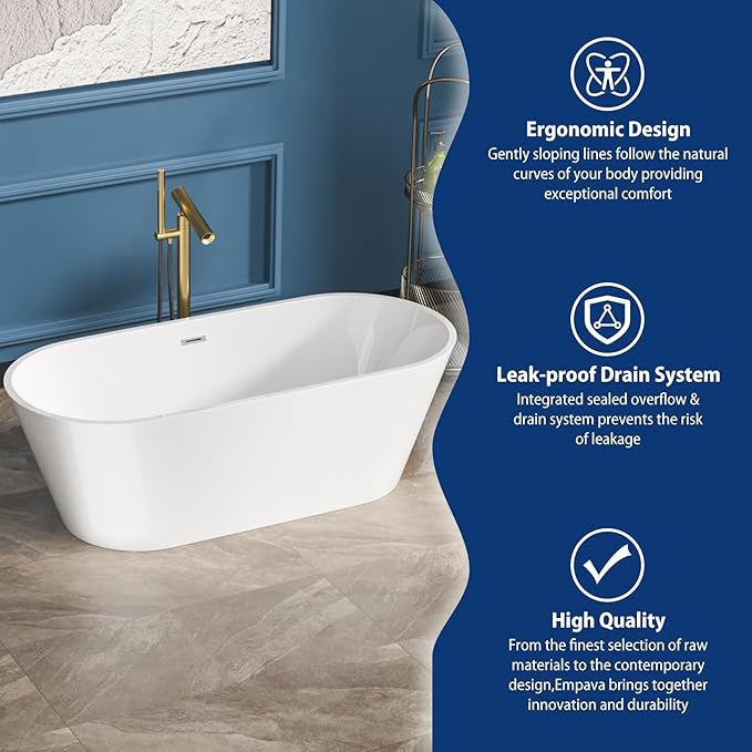 Sarlai 67 Inch Acrylic Freestanding Soaking Bathtub Contemporary Soaking White Tub Stand Alone Ergonomic Bathtub with Black Drain