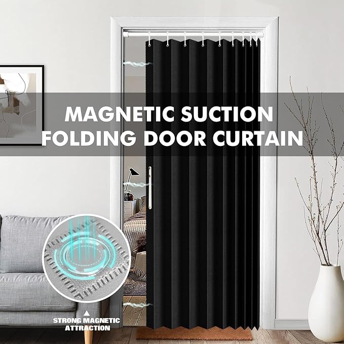 100% Blackout Fabric Folding Door Curtain with Magnetic Closure - Accordion Style for Sliding Doors, Closets,Wardrobe and Temporary Door Solutions Doorway Curtains（W42 x L78, Black，1 Panel）