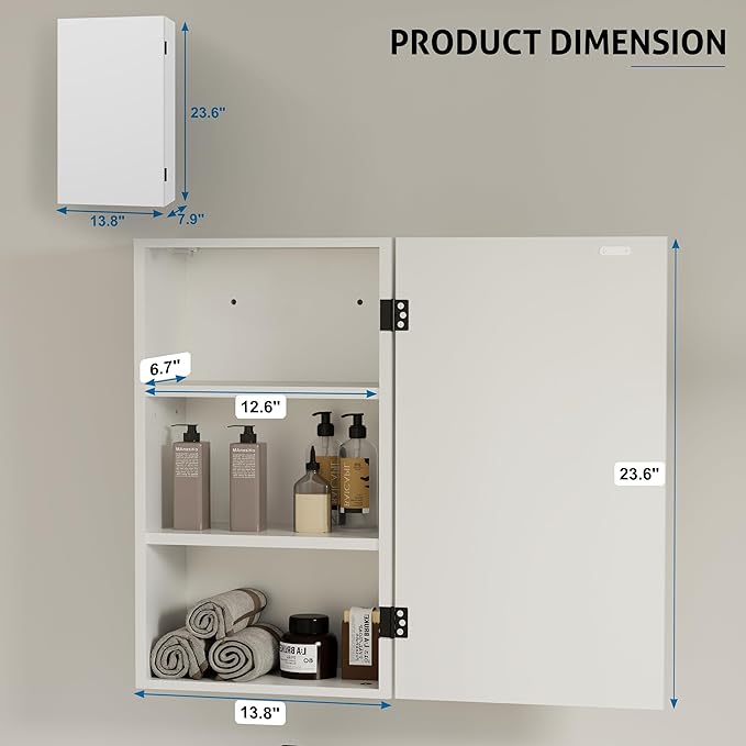 eclife 24" Bathroom Medicine Cabinet W/Mirror, Single Door Bathroom White Wall Mount Mirror Cabinet, Hanging Triple Shelf Storage Cabinet Opens Left and Right