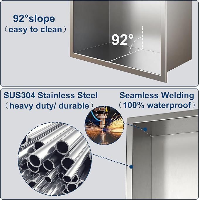 Neodrain 8X36 Inch Brushed Three Layers Stainless Steel Shower Niche, NO Tile Needed Recessed Wall Niche Shelf for Bathroom Storage, 3-Tier Built-in Cabinet niches in Wall