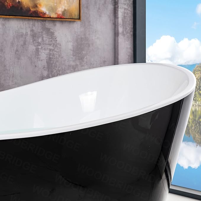 WOODBRIDGE 67" Acrylic Freestanding Bathtub Contemporary Soaking Tub with Brushed Nickel Overflow and Drain,Black,B1815-BN