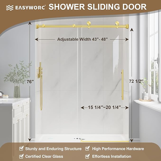 Frameless Glass Shower Door, 43-48" W x 76" H Sliding Frameless Shower Door, 1/4''(6mm) SGCC Tempered Glass, Explosion-Proof Film Nano Coating, Stainless Steel Hardware, Brushed Gold