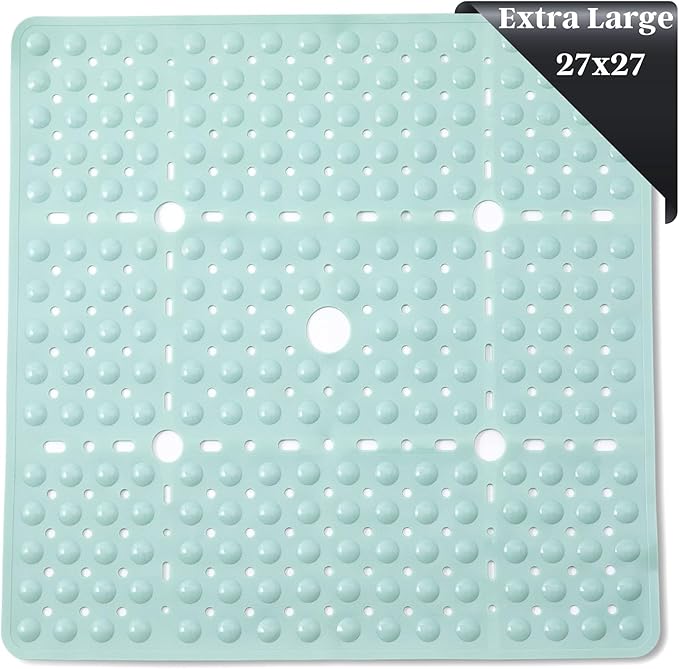 ENKOSI Large 27 x 27 inch Square Non-Slip Shower Mat | Anti Slip Shower Stall Mat for Elderly and Young | Durable Shower Mat with Strong Secure Suction Cups and Drain Holes (27x27 Aqua Green)