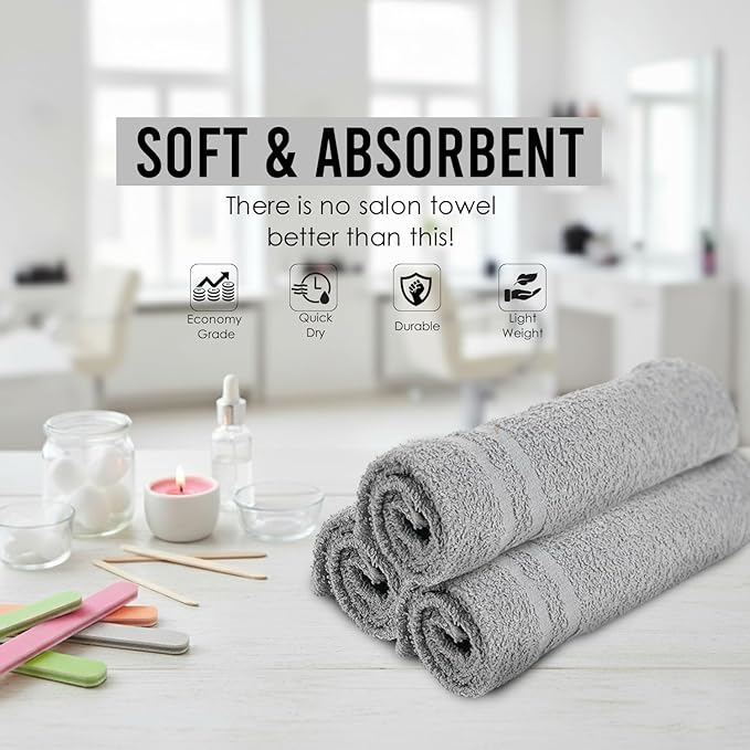 Hand Towels - Pack of 40, 16 x 27 Inches, 100% Cotton, Grey, Highly Absorbable, Facial, Gym, Hair, Face Towels