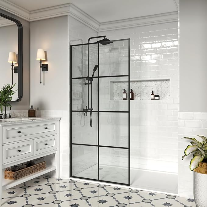 36" W x 76" H Frameless Shower Screen, Fixed Glass Panel for Walk-In Shower, 3/8" Tempered Glass, Grid Pattern Design