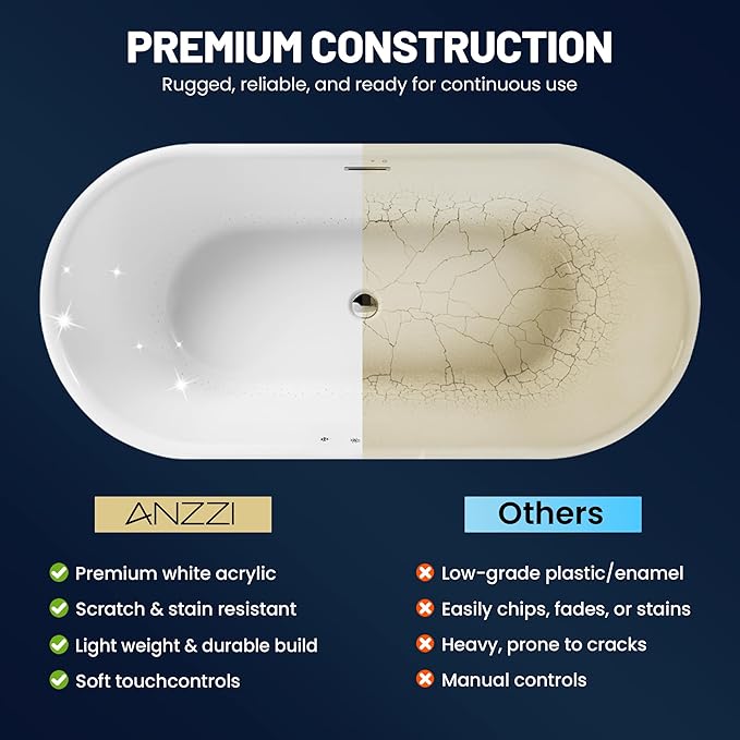 ANZZI 67" Freestanding Air Jetted Whirlpool Bathtub - White Acrylic Soaking Tub with LED Lights & Touch Controls | FT-AZ067