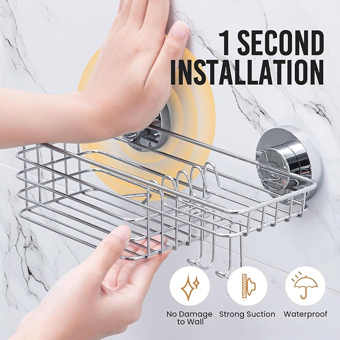 LEVERLOC Shower Caddy Suction Cup, Shower Organizer Removable Bathroom Shelf, Storage Suction Powerful Max Hold 22lbs Bathroom Caddy Waterproof Holder, Silver