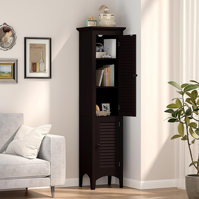 Tangkula 63" Tall Bathroom Storage Cabinet, Freestanding Narrow Linen Tower with Adjustable Shelf, Modern Slim Floor Cabinet with 2 Doors for Bathroom, Living Room, Kitchen (Brown)