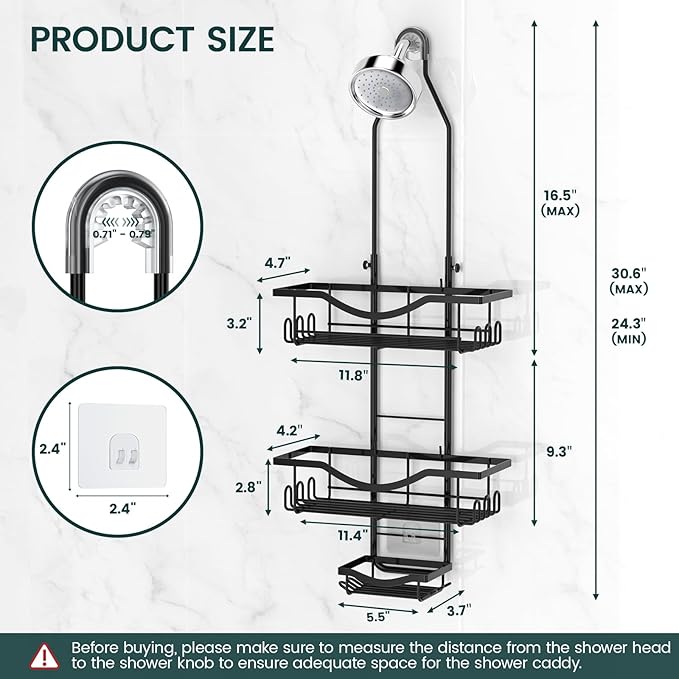 Shower Caddy Hanging Adjustable Shower Caddy, Rustproof Shower Organizer Extended Length Shower Caddy Over Shower Head with Hooks Soap Holder, Large Capacity Anti-Swing Bathroom Organizer, Black