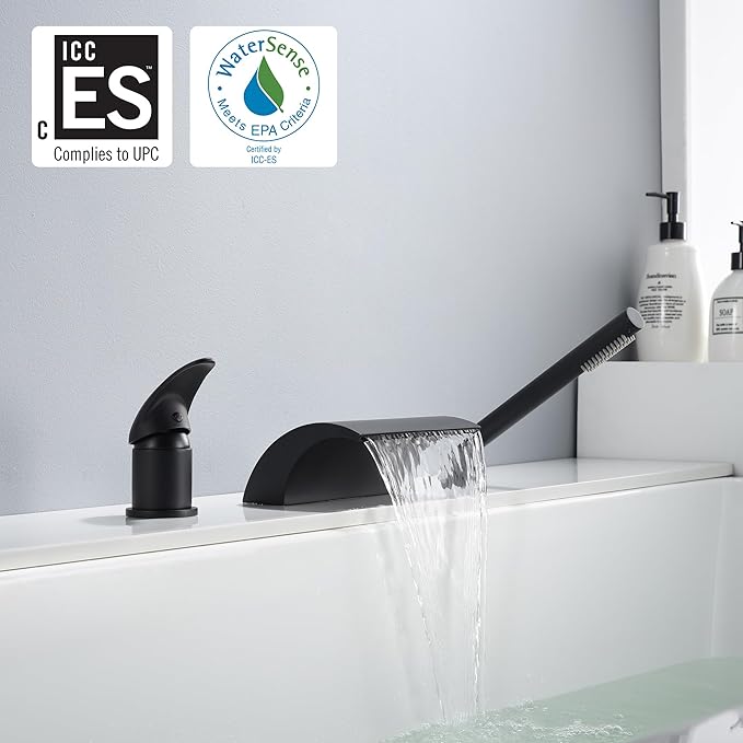 sumerain Black Roman Tub Faucet with Hand Shower High Flow Waterfall Spout with Diverter
