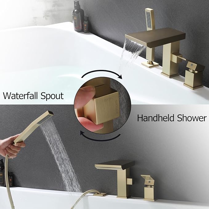 Waterfall Roman Tub Faucet with Hand Shower, Deck Mount Tub Filler Bathtub Faucet with Sprayer, Brass Widespread 3 Hole Bathtub Shower Faucet Set, Brushed Gold