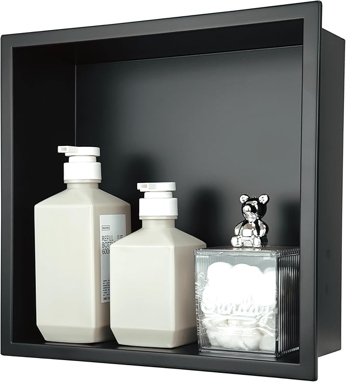 12x12 Matte Black Shower Niche - Stainless Steel Tile-Ready Bathroom Storage for Small Showers