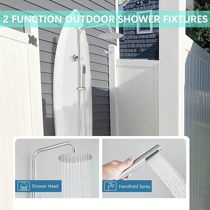 Rain Shower System Outdoor Shower Fixtures with 8" Rain Shower Head Handheld Sprayer Single Handle Wall Mounted Bathroom Shower Faucet Set Brushed Nickel for Bathroom or Backyard