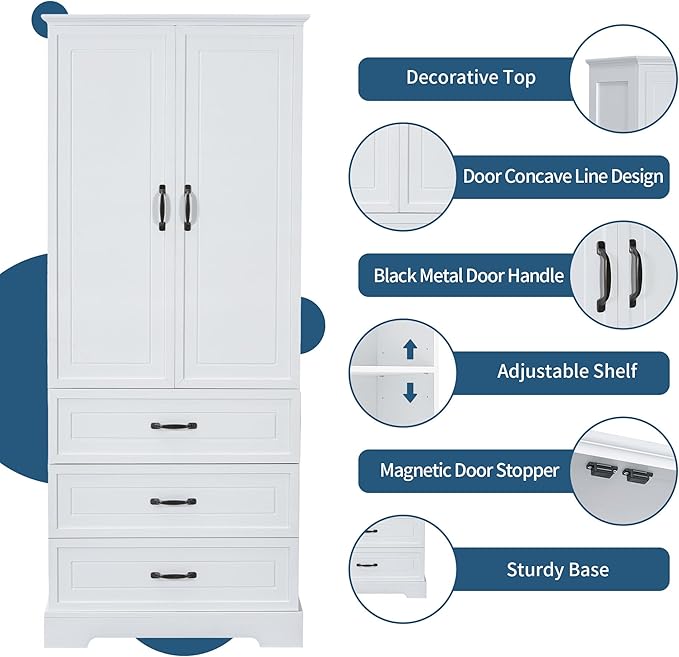 Favfurish 69" Tall Bathroom Storage Cabinet with Doors and 2 Drawers,Modern Linen Cabinets w/Adjustable Shelf & Magnetic Door Stopper,Freestanding Organizer for Dining Room,Kitchen,Office,White